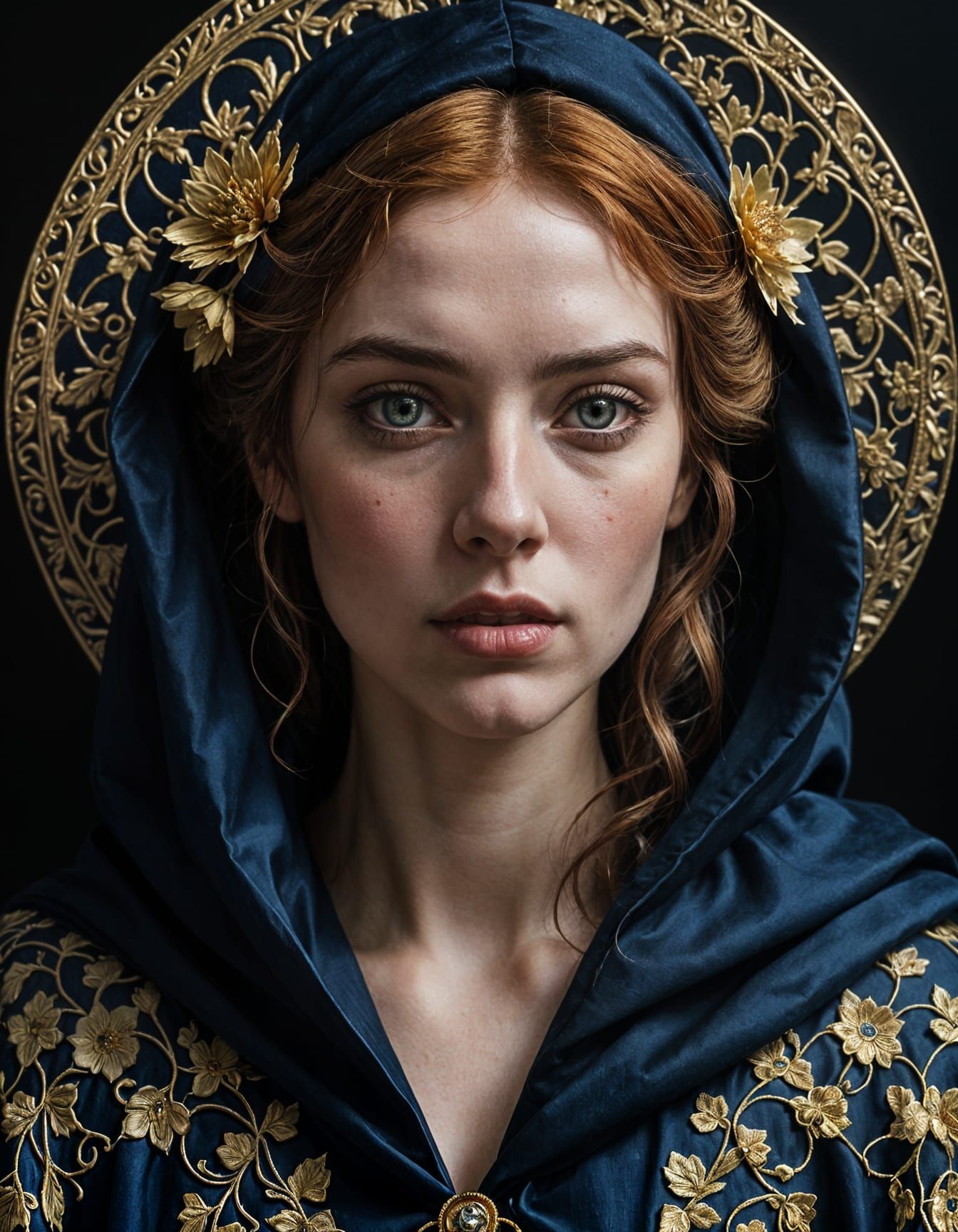 Mysterious Girl Portrait with Intricate Floral Designs