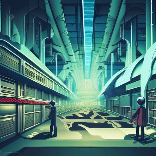 Retro-Futuristic Album Cover with Robots and Machinery