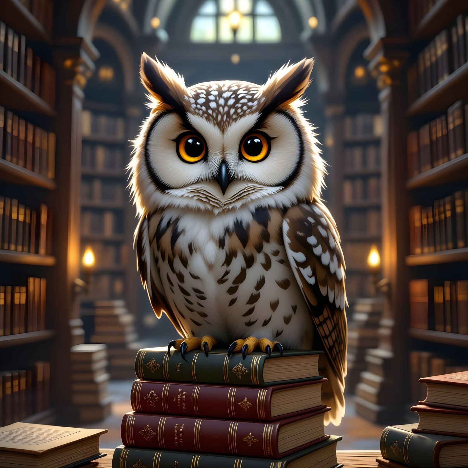 Wise Owl in Hidden Library: Digital Painting