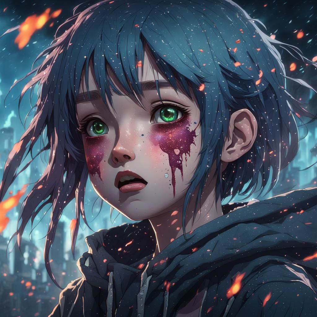 Anime Grunge Girl Crying: Detailed Matte Painting