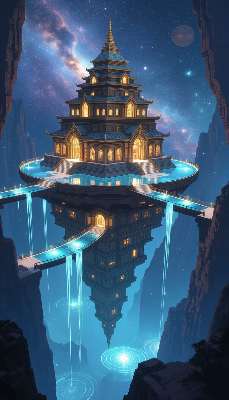 Cosmic Temple Floating Above Starry Chasm