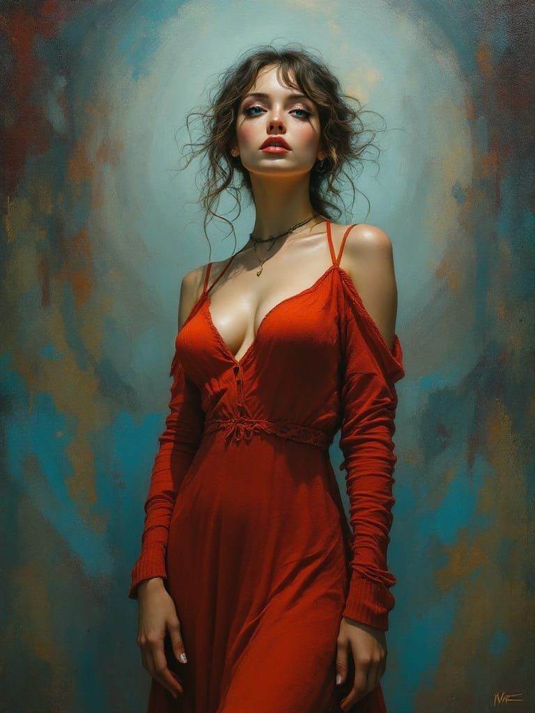 Red Sweater Dress Hippie Woman at Rock Festival