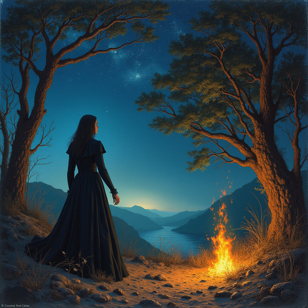 Eerie Starlit Escape in Romanticism Style