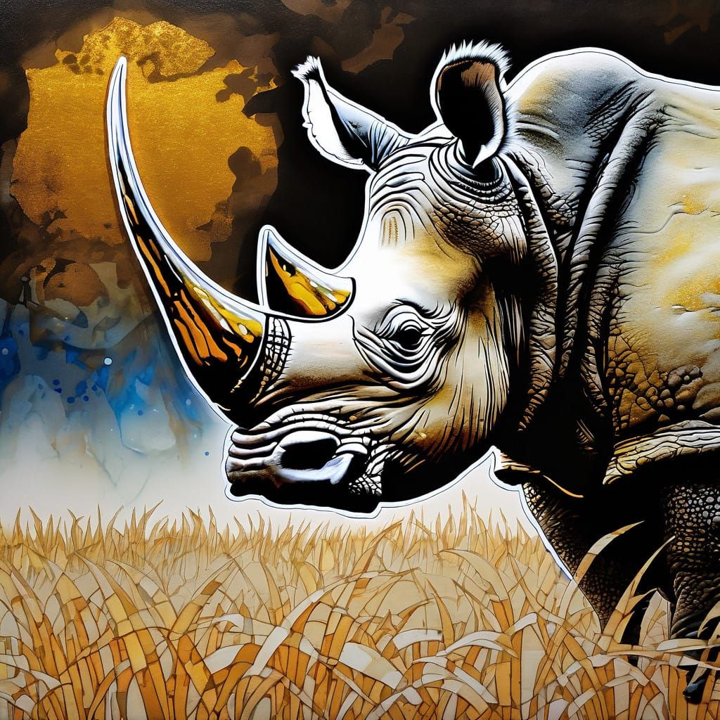 Luxurious African Rhino Portrait in Art Nouveau Style