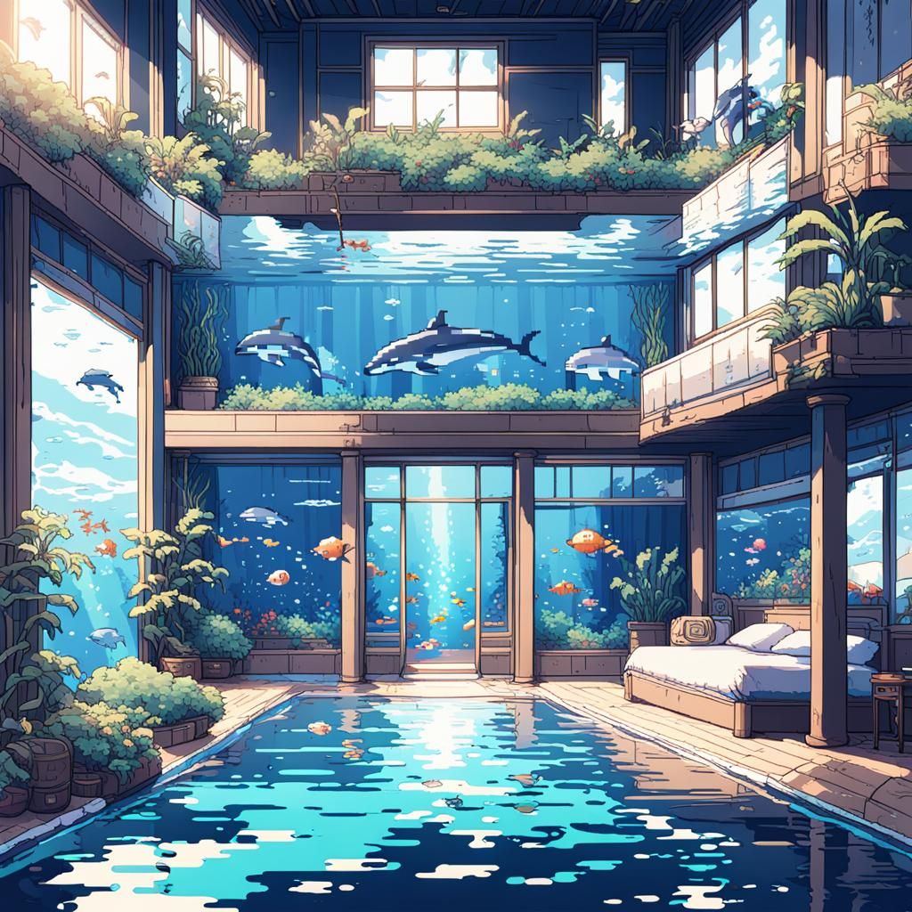 8-Bit Pixel Bedroom with Underwater Dolphin Theme