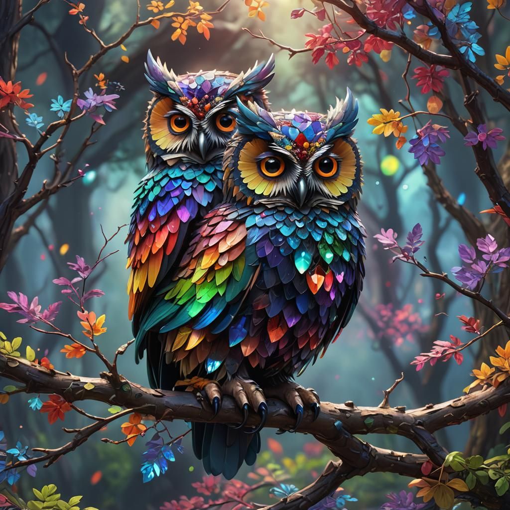 Rainbow Crystal Owl on Colorful Branch