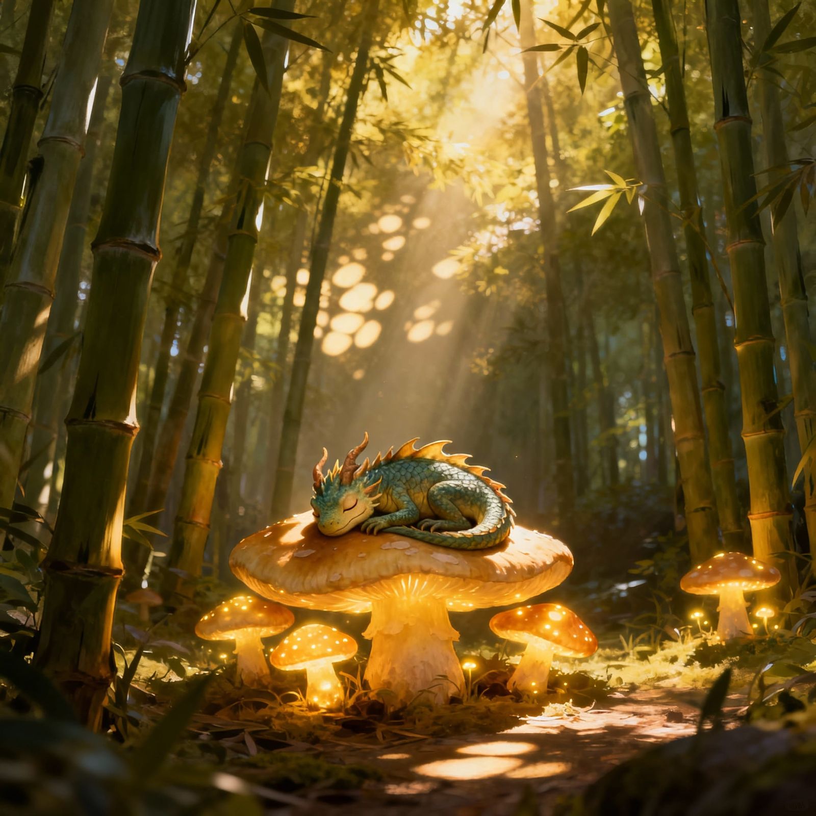 Miniature Dragon Sleeps on Glowing Mushrooms in Bamboo Fores...