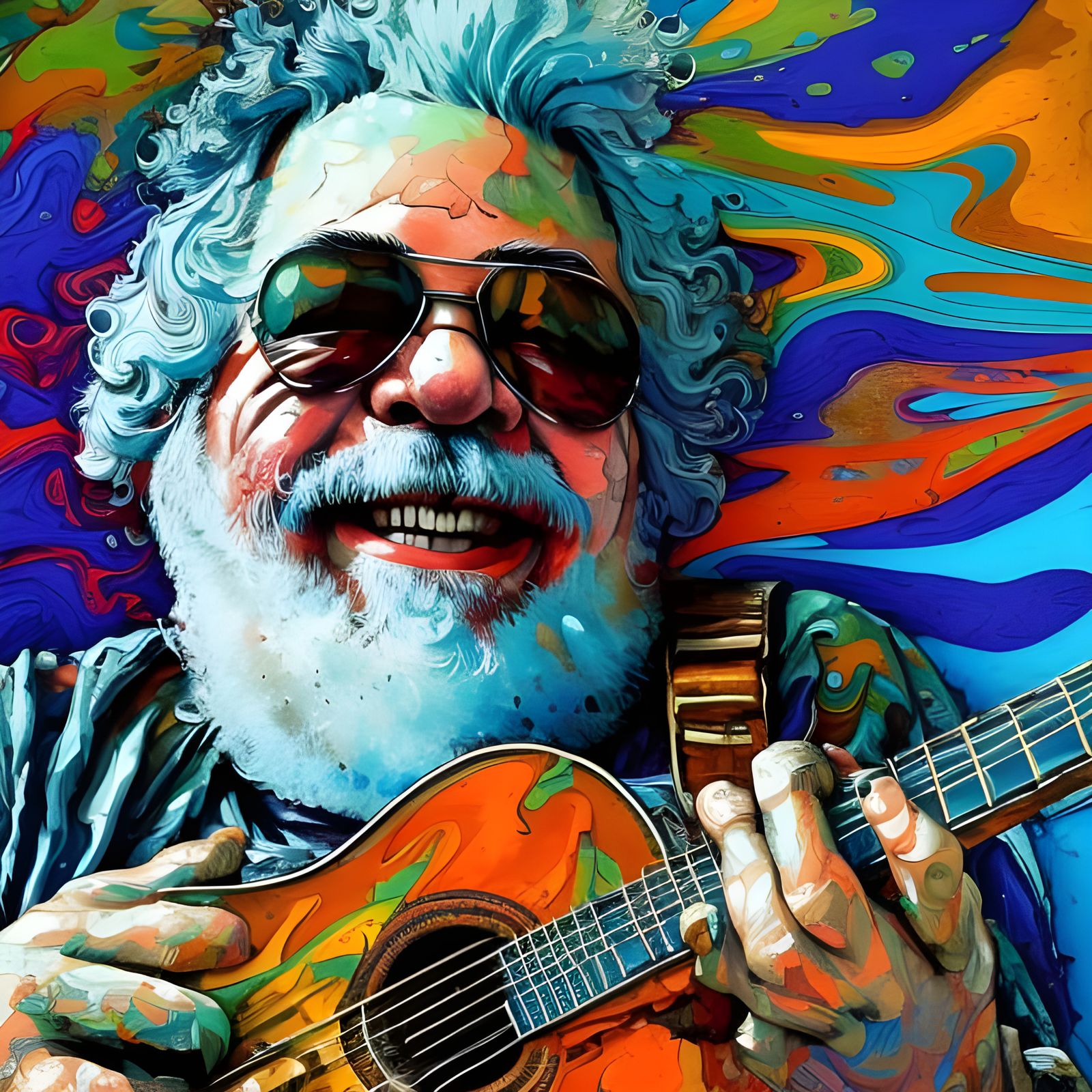 Jerry Garcia Plays Guitar: Marbling Oil Gouache Illustration