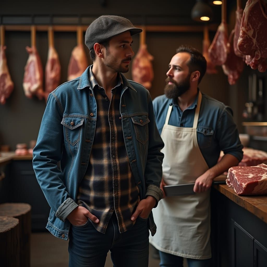 Cyberpunk Butcher Shop Scene with Muted Colors