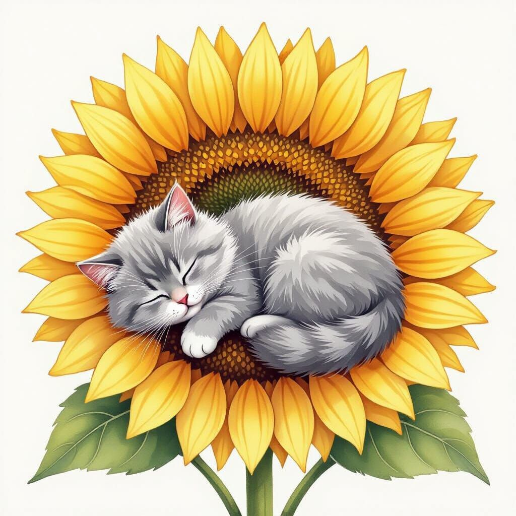 Cat Nap on Sunflower Petal in Watercolor Style