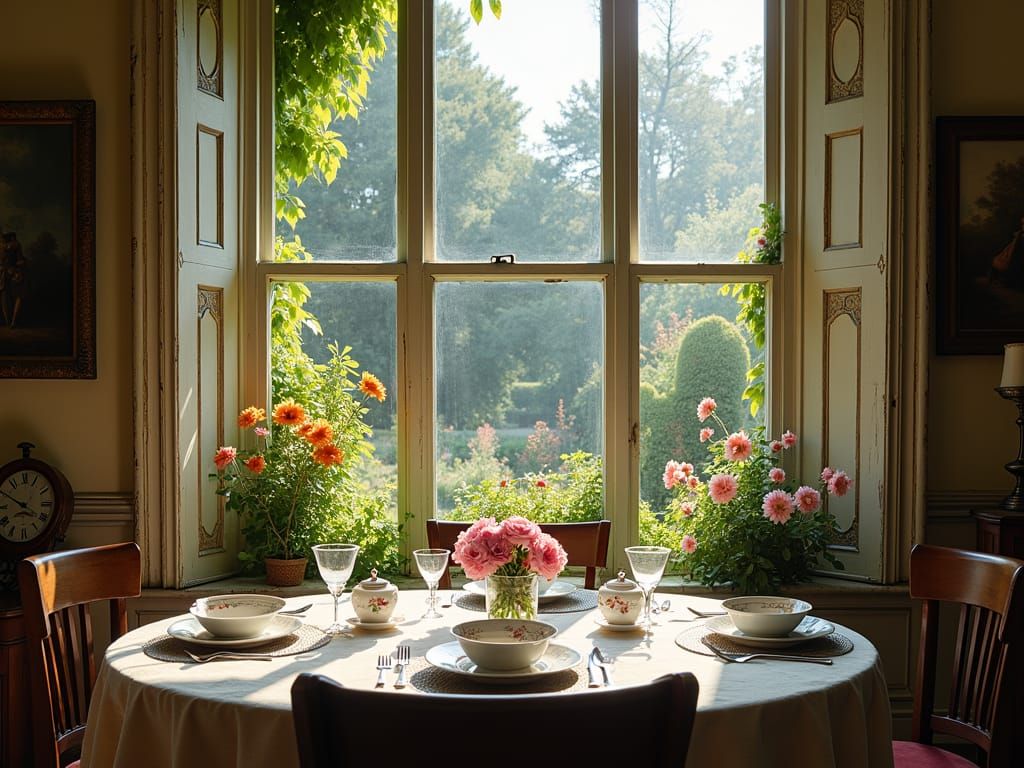 breakfast table window view, Victorian interior, soft morning light, looking out at a lush English garden, vibrant flowe...