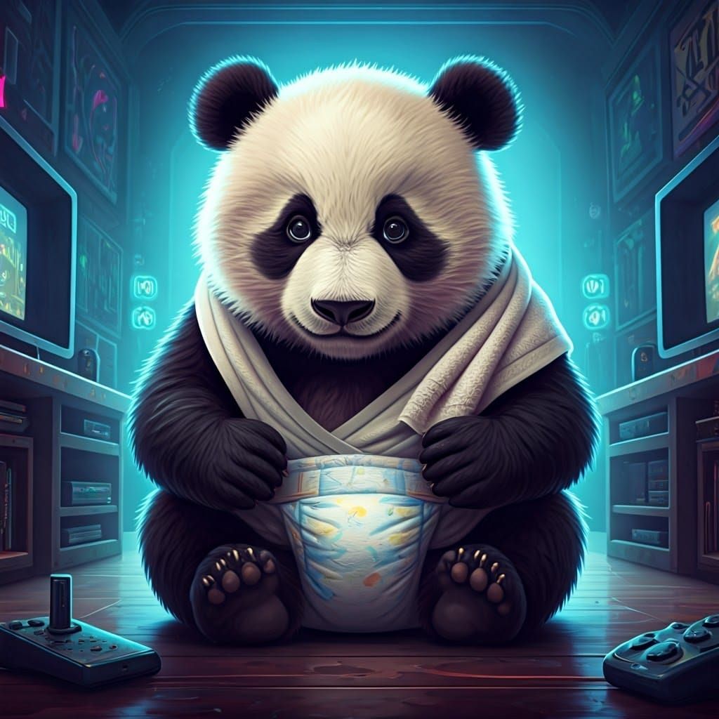 Cute Baby Panda in Modern Electronics Paradise