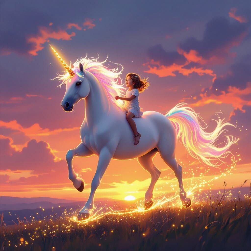 Magical Unicorn Soars with Child at Sunset