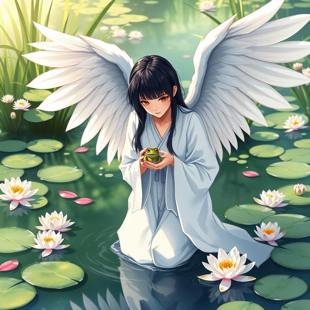 Anime Angel with Frog in Pond Watercolor