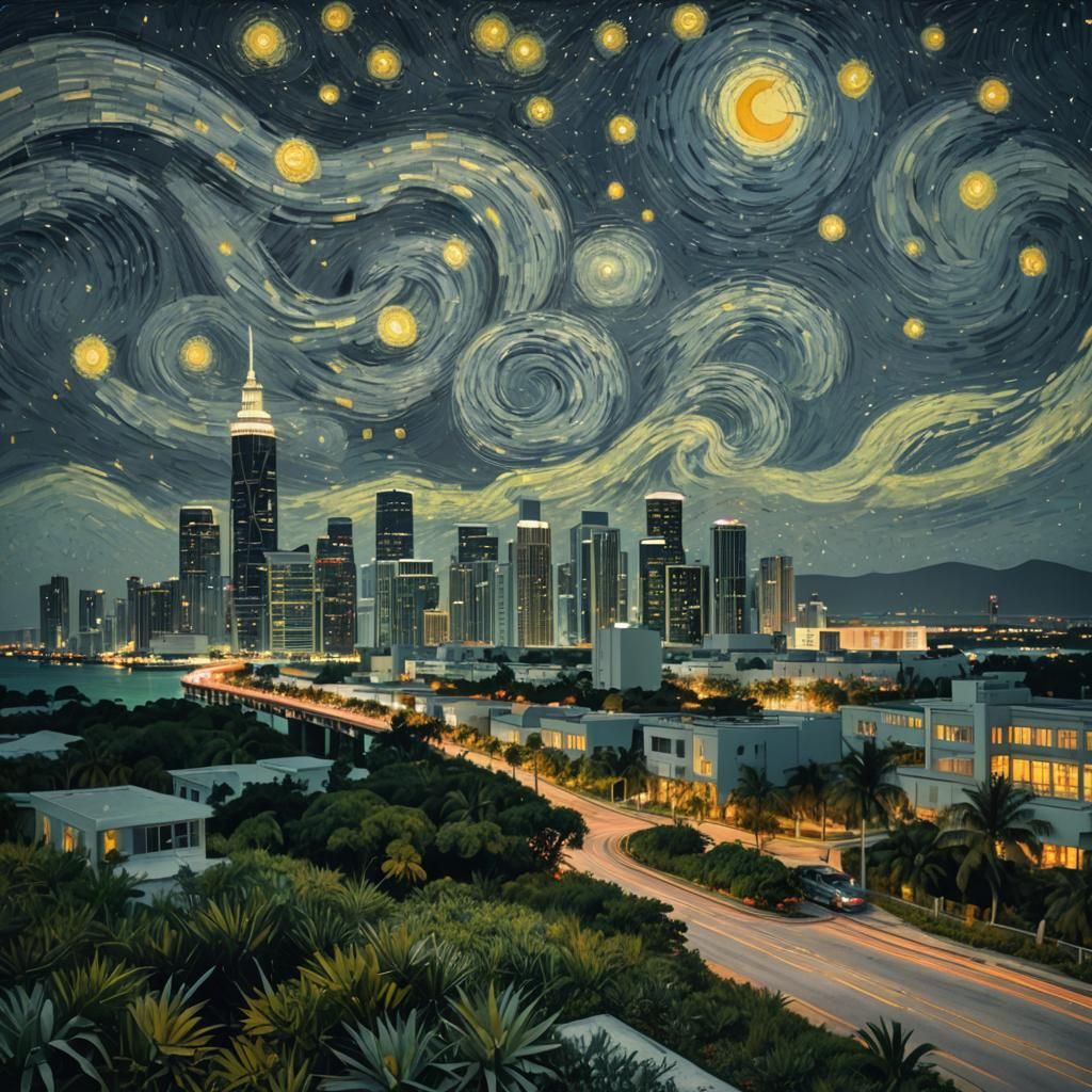 Art Deco Miami Under a Starry Night Sky