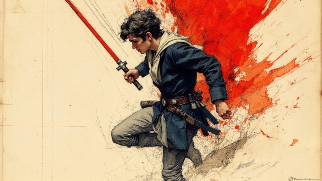 Dynamic Action Sketch of Luke Skywalker in Comic Ink Wash St...