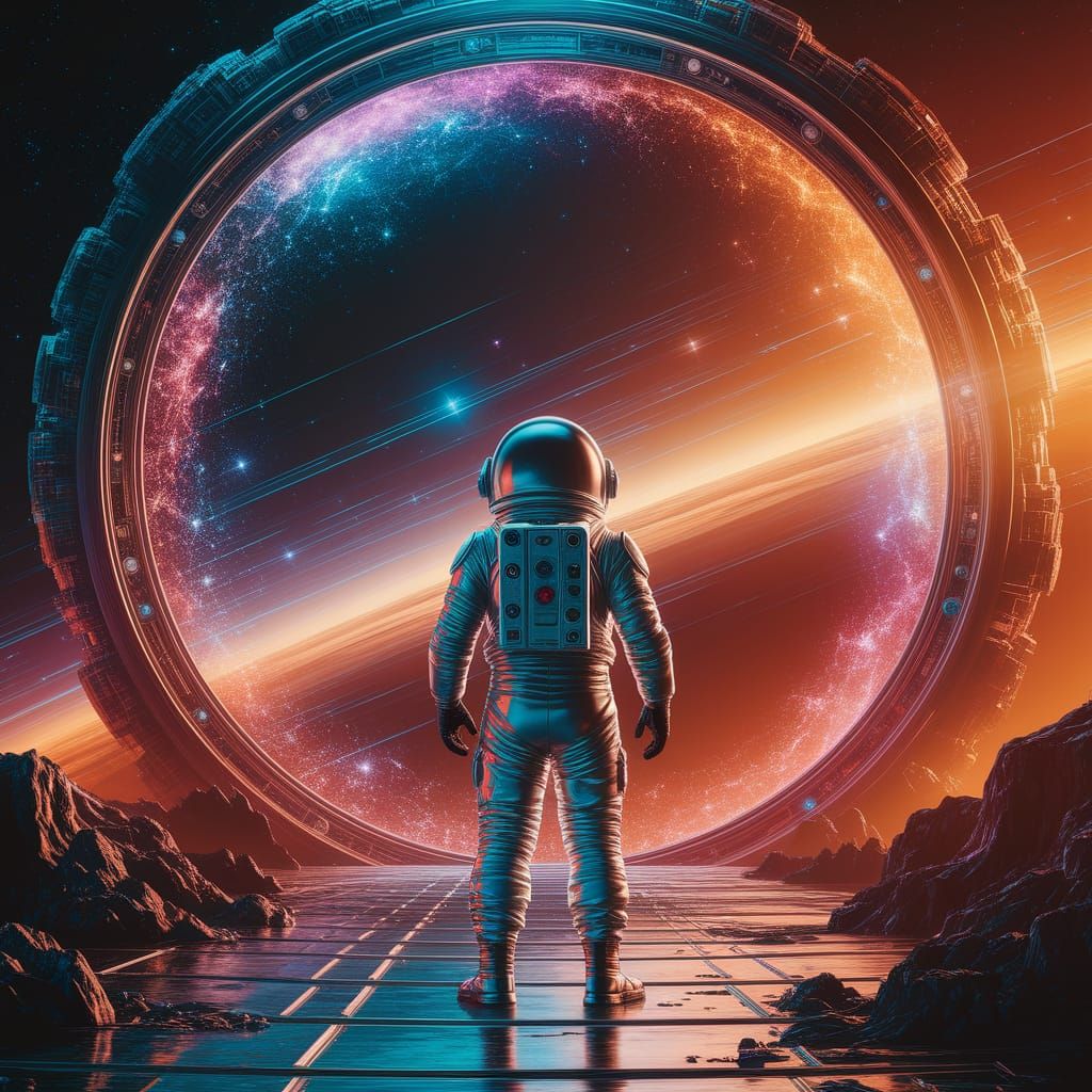 Astronaut Before Cosmic Gateway, Retro-Futuristic Matte Pain...