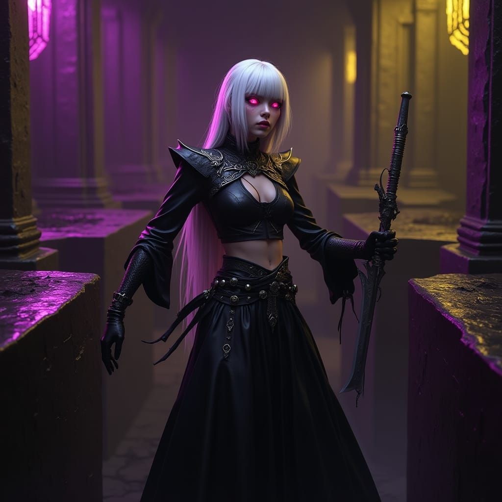 Albino Woman in City Maze, Dark Fantasy Style