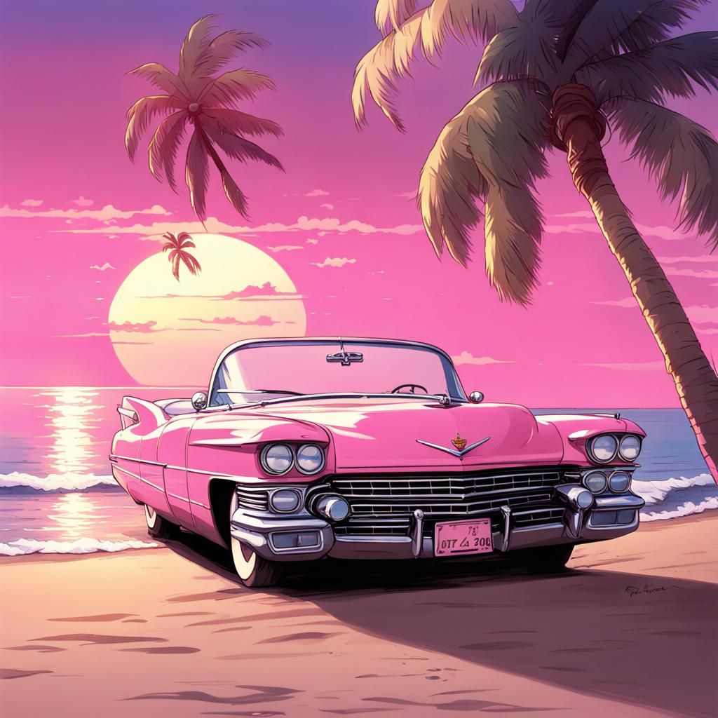 Pink Cadillac at Sunset in Anime Style