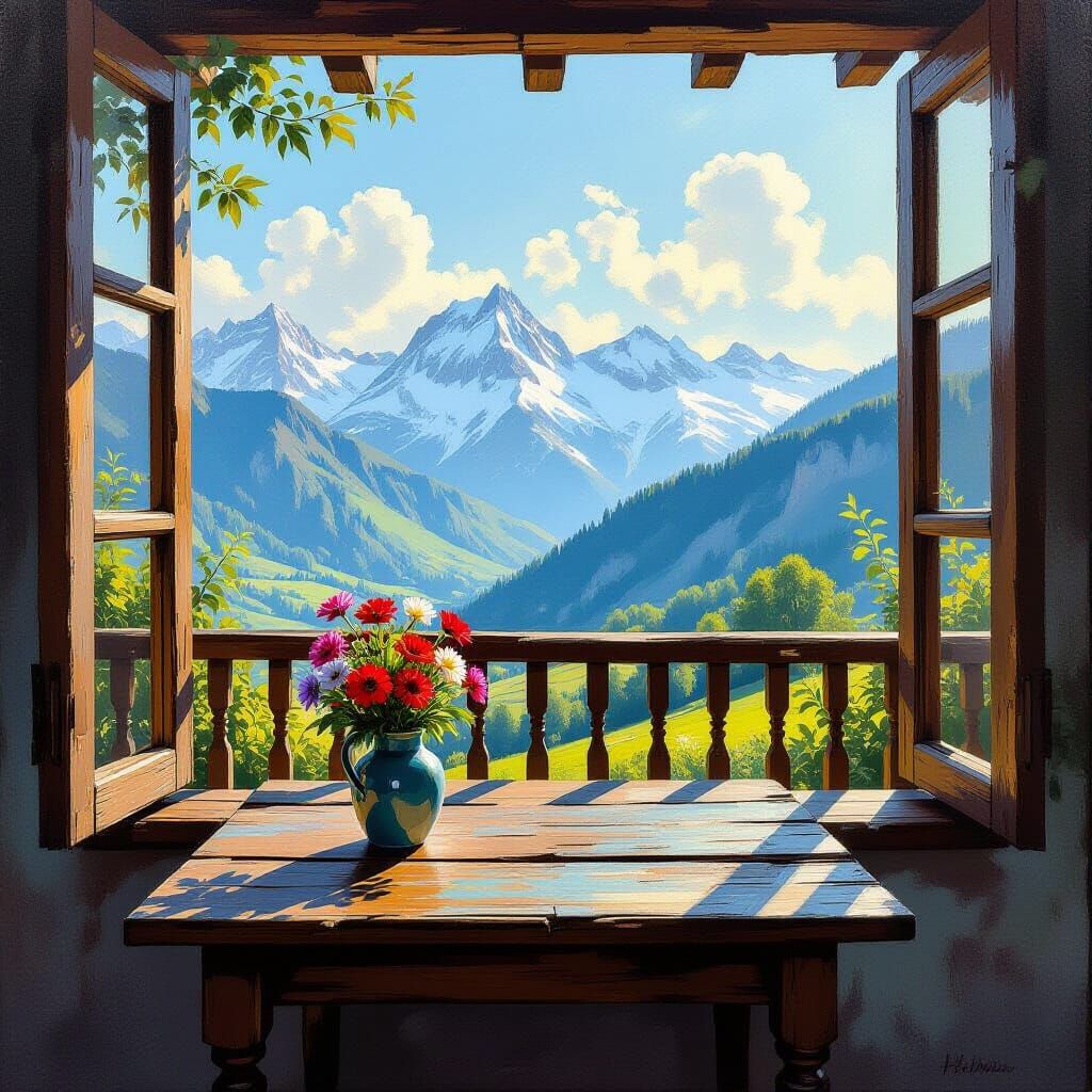 Rustic Balcony with Mountain View in Impressionistic Style