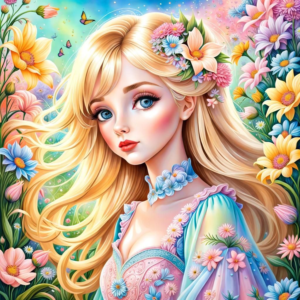 Pastel Floral Dress Portrait in Botanical Art Style