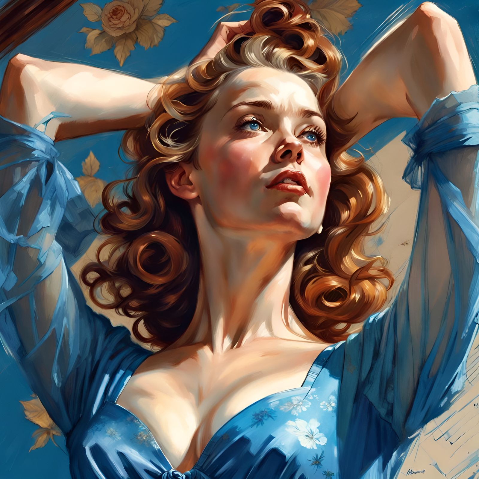 Stunning Woman in Blue Dress Digital Illustration