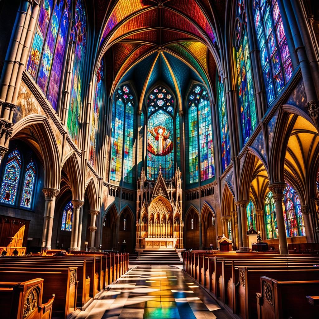 Gothic Cathedral Interior in Stained Glass Art