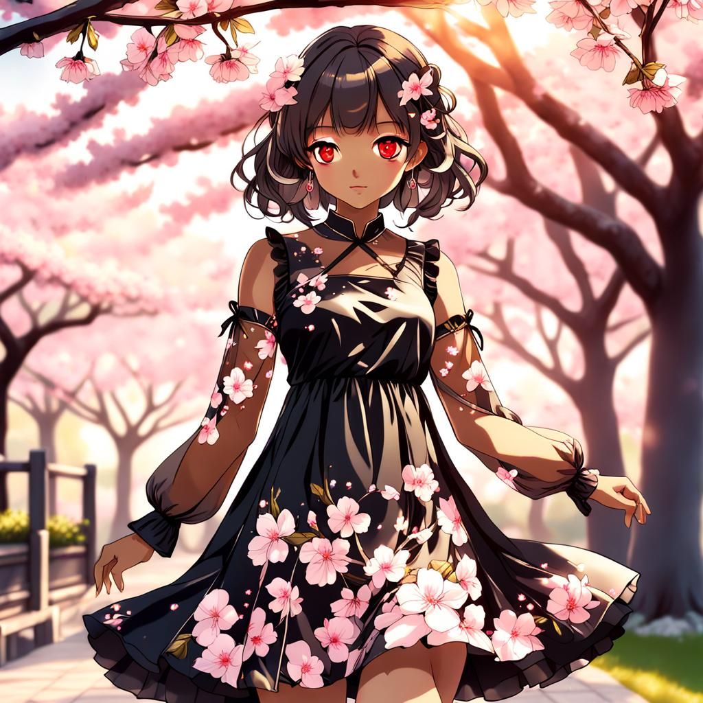Anime Woman in Floral Dress Under Cherry Blossoms