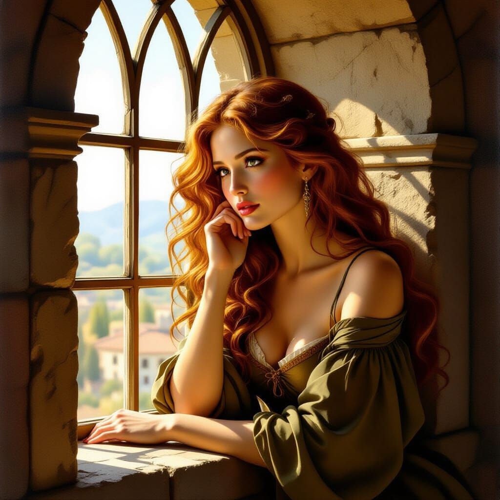 Renaissance Woman Gazing Out Window in Michelangelo Style