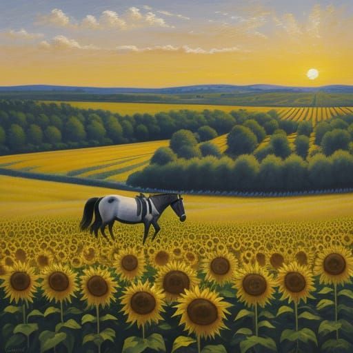 Impressionistic Sunflowers Field with Black and White Horses