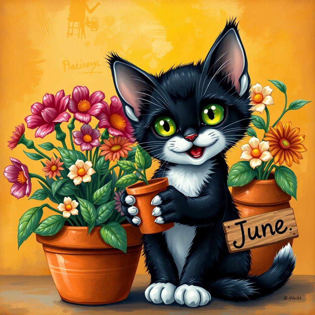 Kitten with Flowers in Pointillism Style