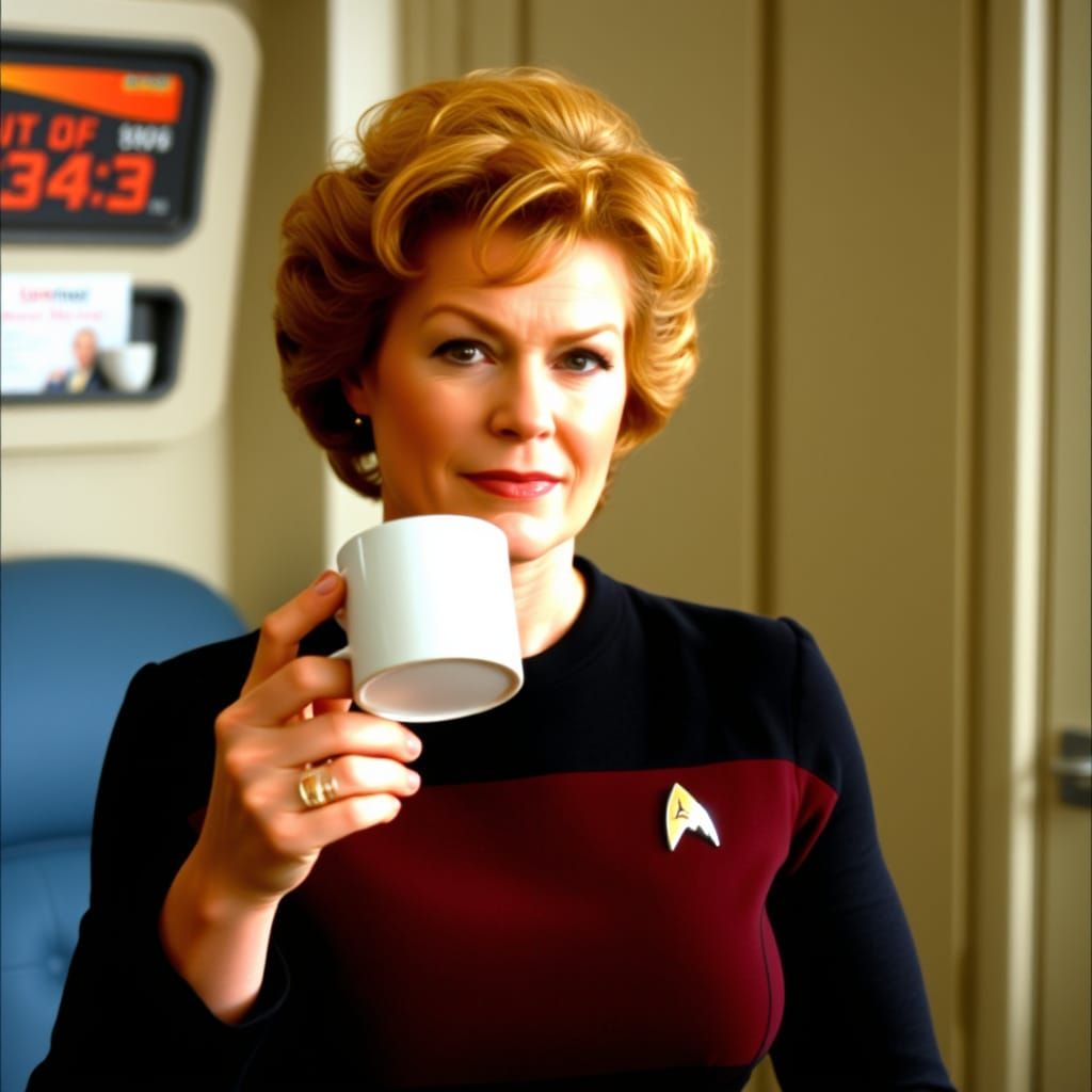 Kate Mulgrew as Captain Kathryn Janeway with a coffee mug in...