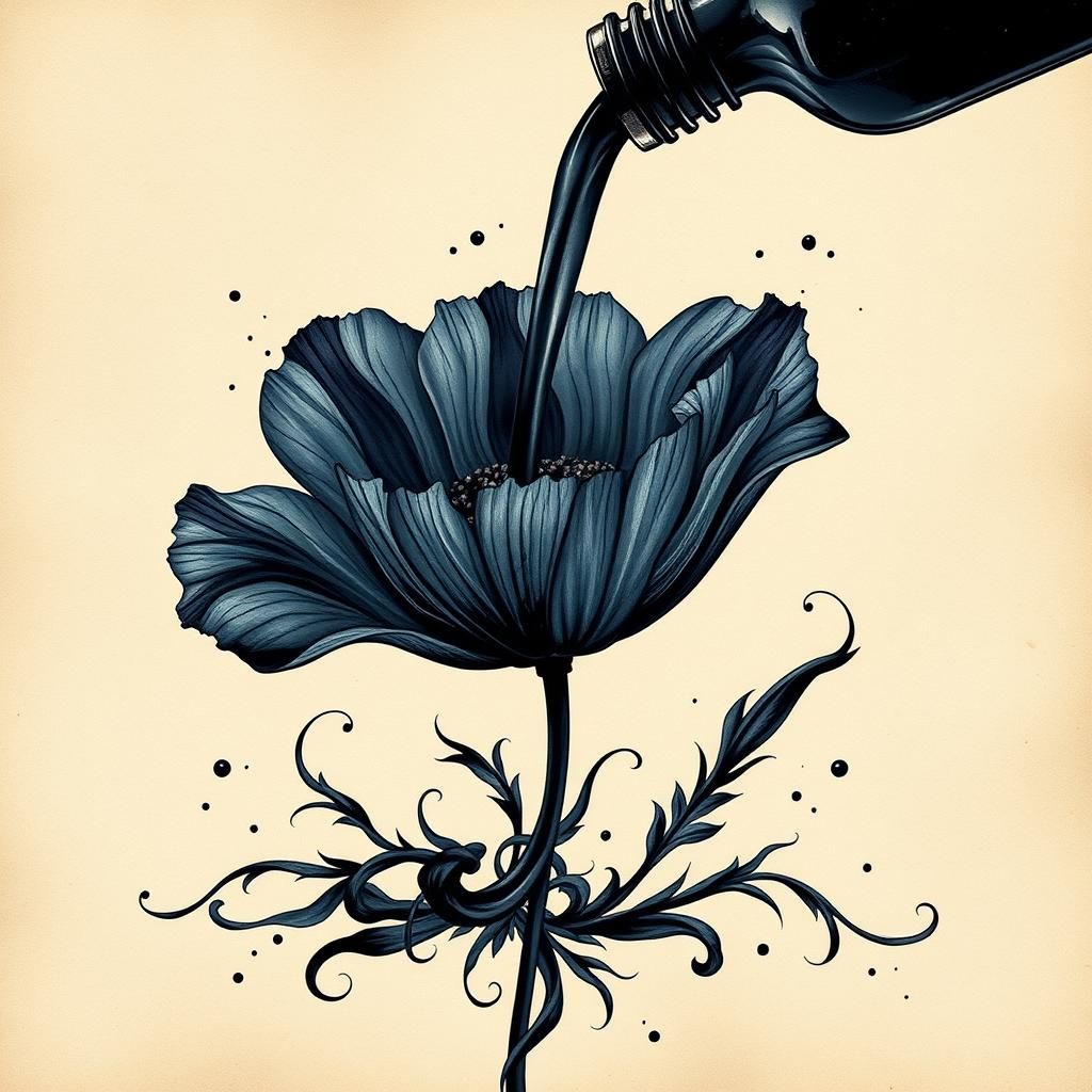 Ink Poppy in Crystal Bottle: Surreal Digital Art