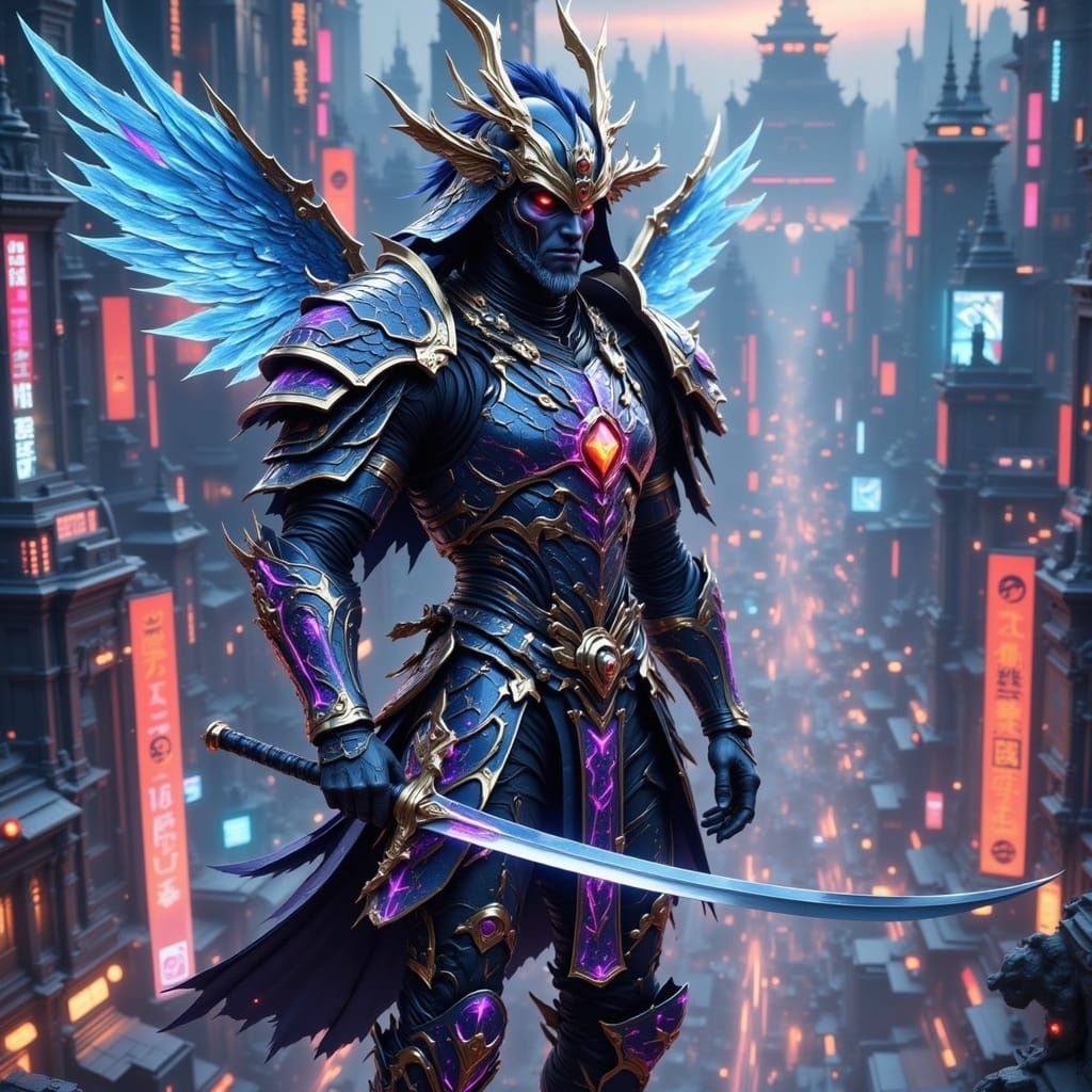 Cyberpunk Samurai Warrior in Neon Metropolis