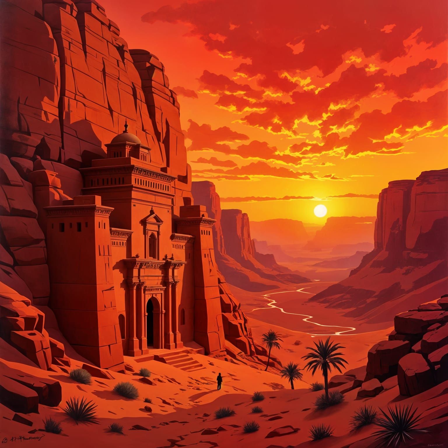 Orientalist Monastery at Sunrise in David Roberts Style