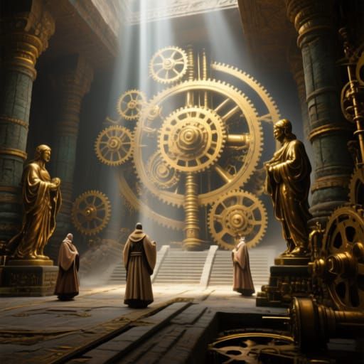 Steampunk Temple with Golden Gears and Bronze Statues