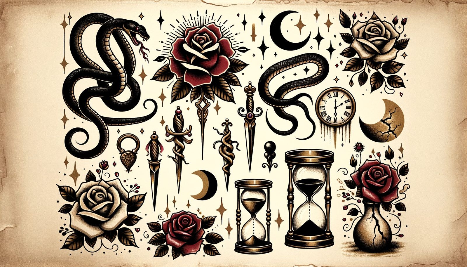 Gothic Flash Tattoo Sheet in Vintage Style