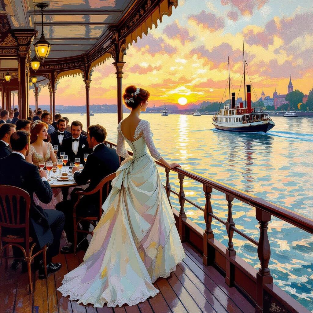 Victorian Riverboat Revelry in Pointillist Style