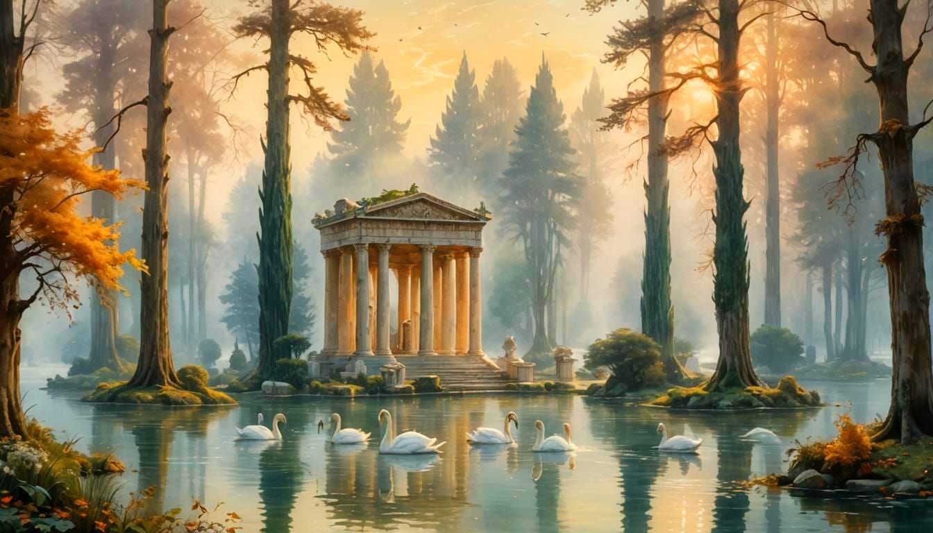 Seaside Park with Roman Statues in Ethereal Watercolor