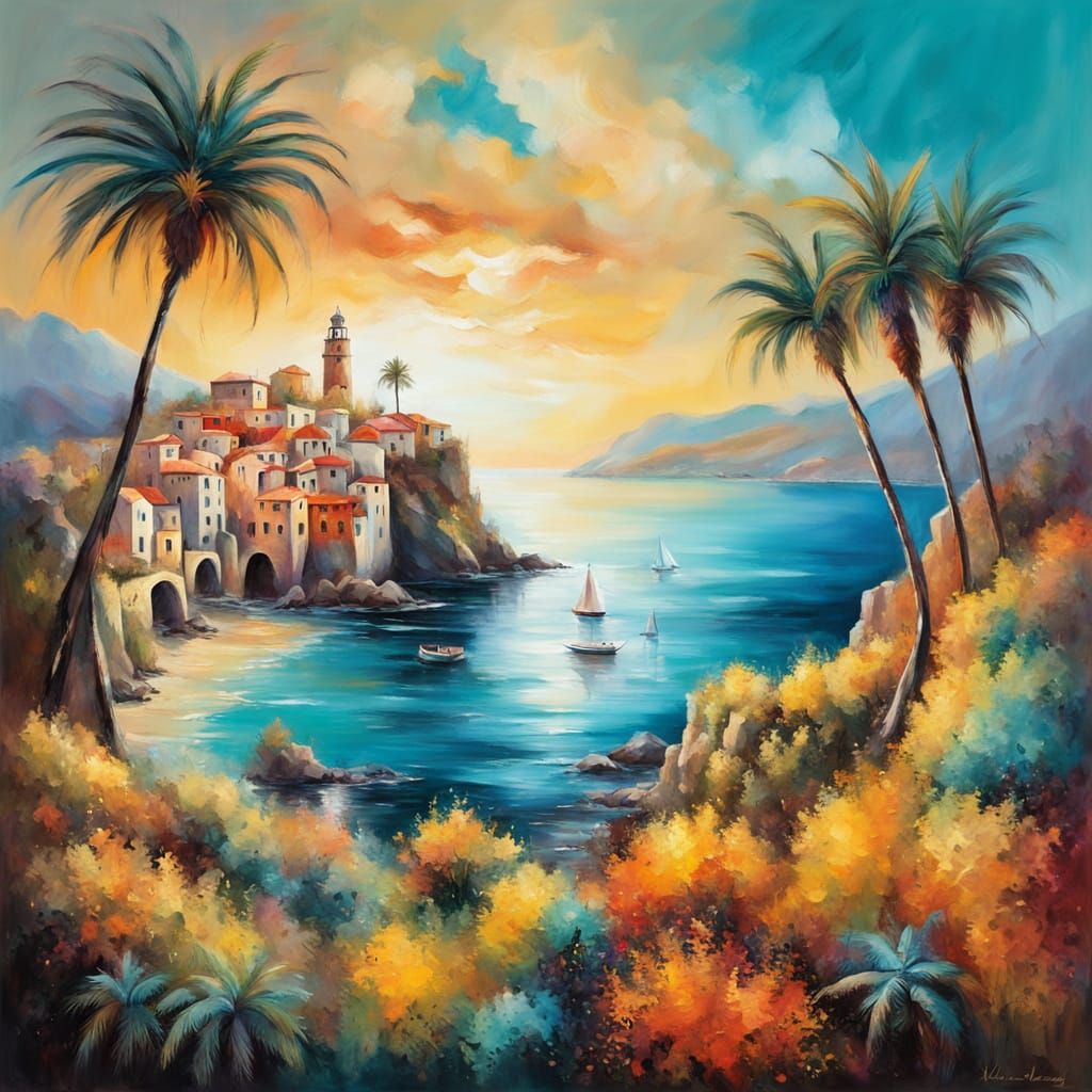 Picturesque Coastal Town in Surreal Oil Painting Style
