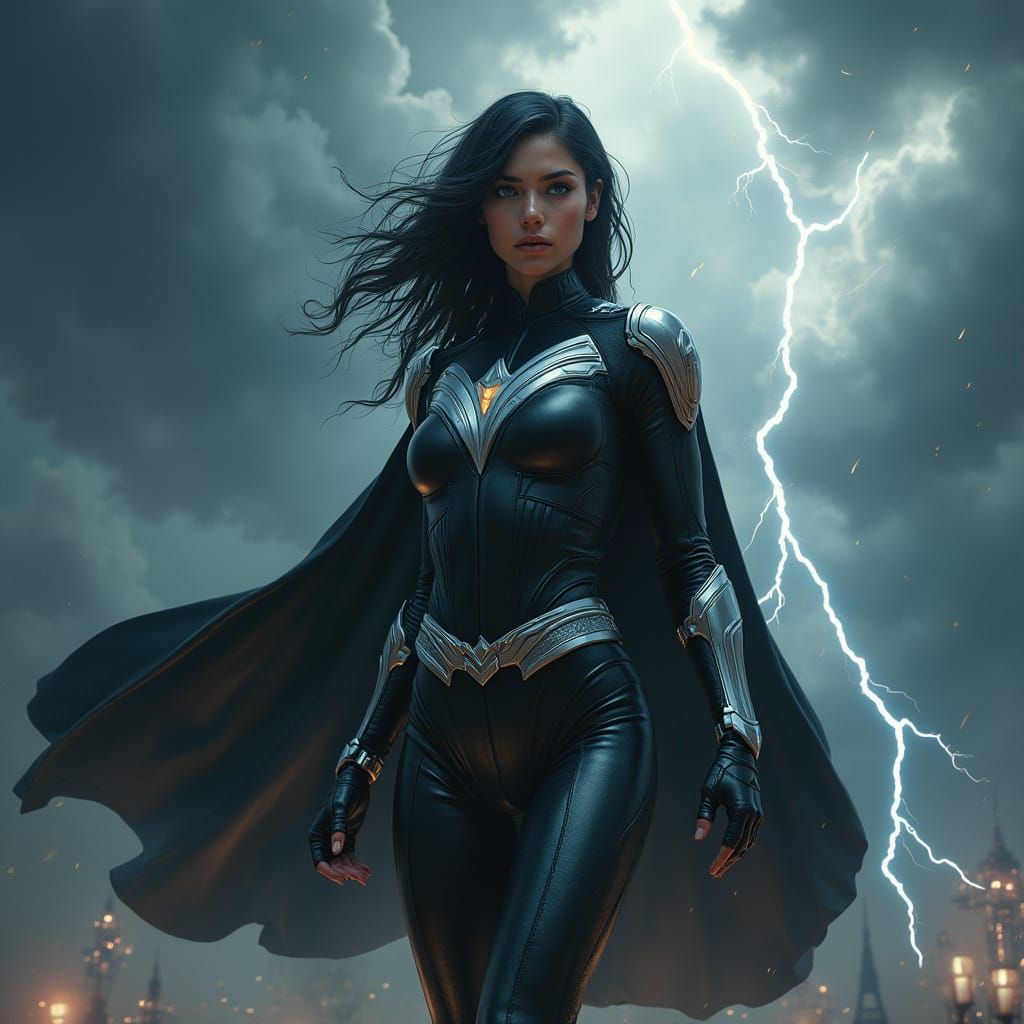 Superhero Girl Conquers Storm in Digital Painting