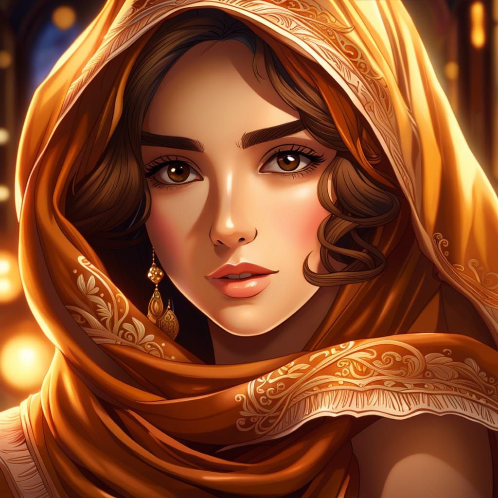 Anime Woman with Headscarf and Caramel Eyes