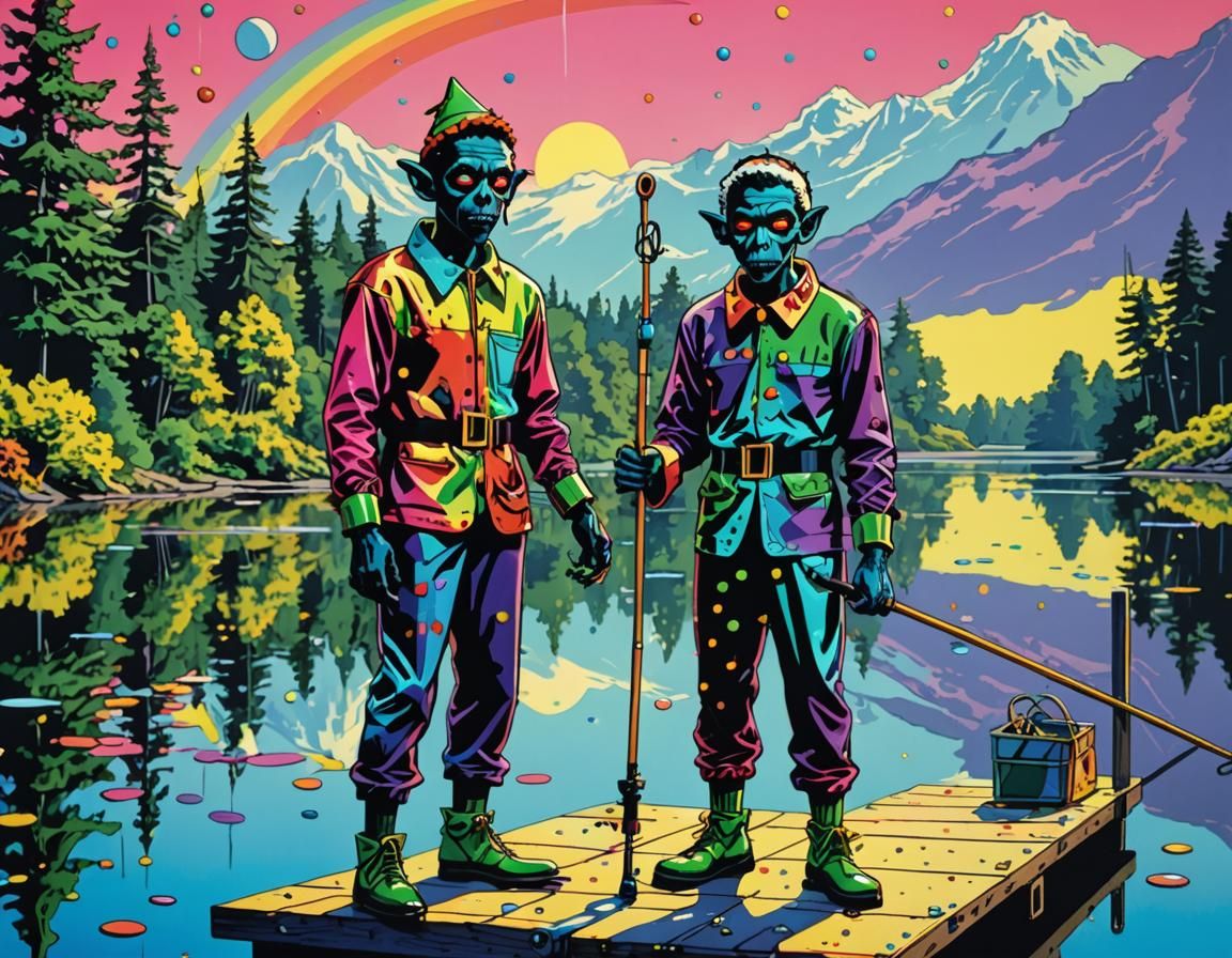 Pop Art Zombies in Elf Costumes on a Lake