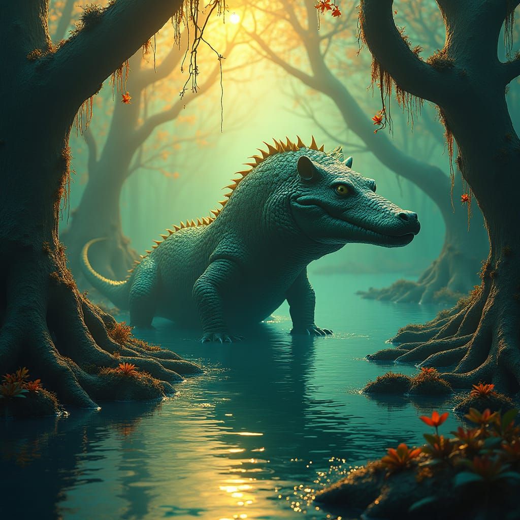 Serpentine Capybara-Crocodile Hybrid in Dreamlike Matte Pain...