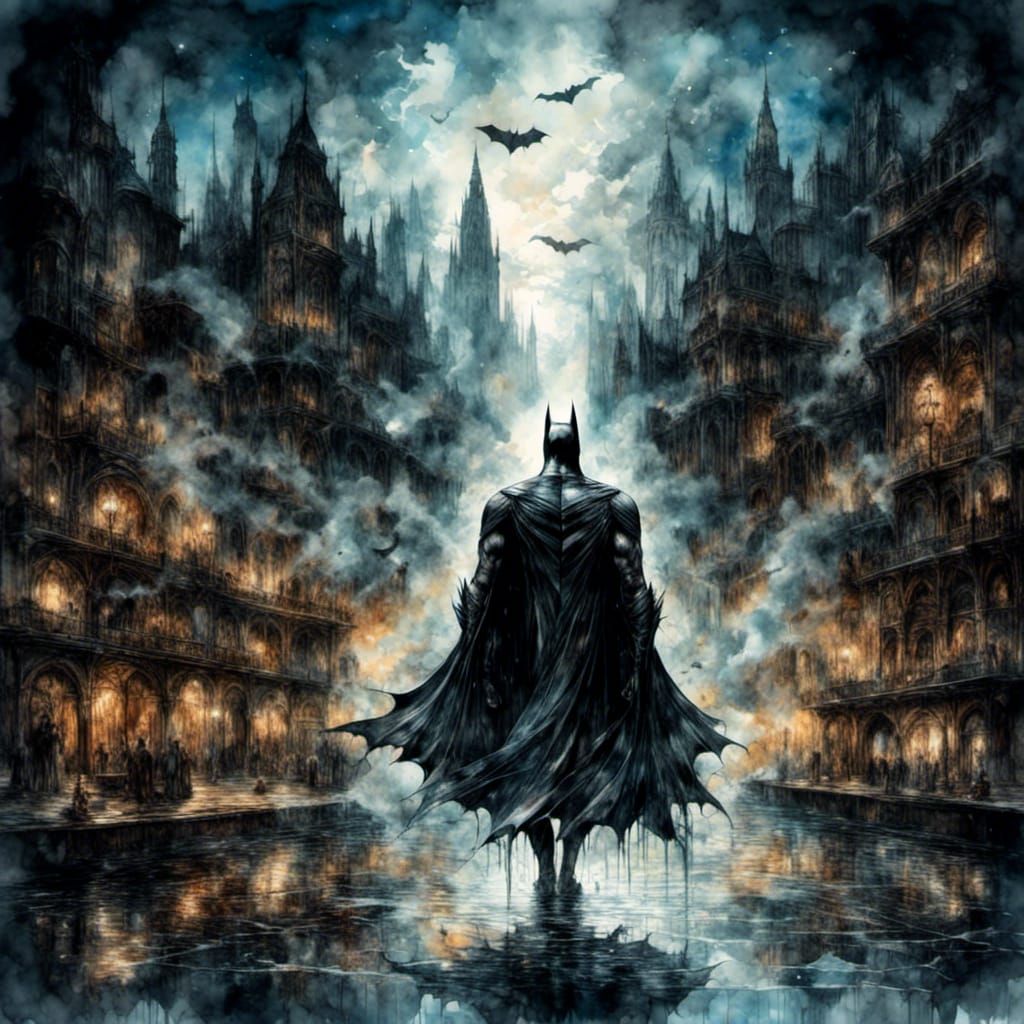 Batman Double Exposure Portrait Over Gothic City