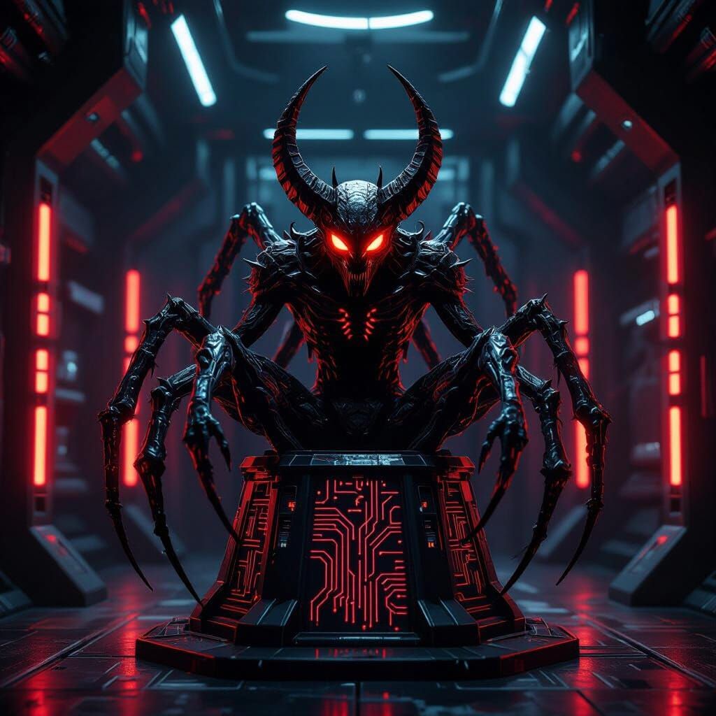 Monstrous Spider-Creature on Futuristic Pedestal