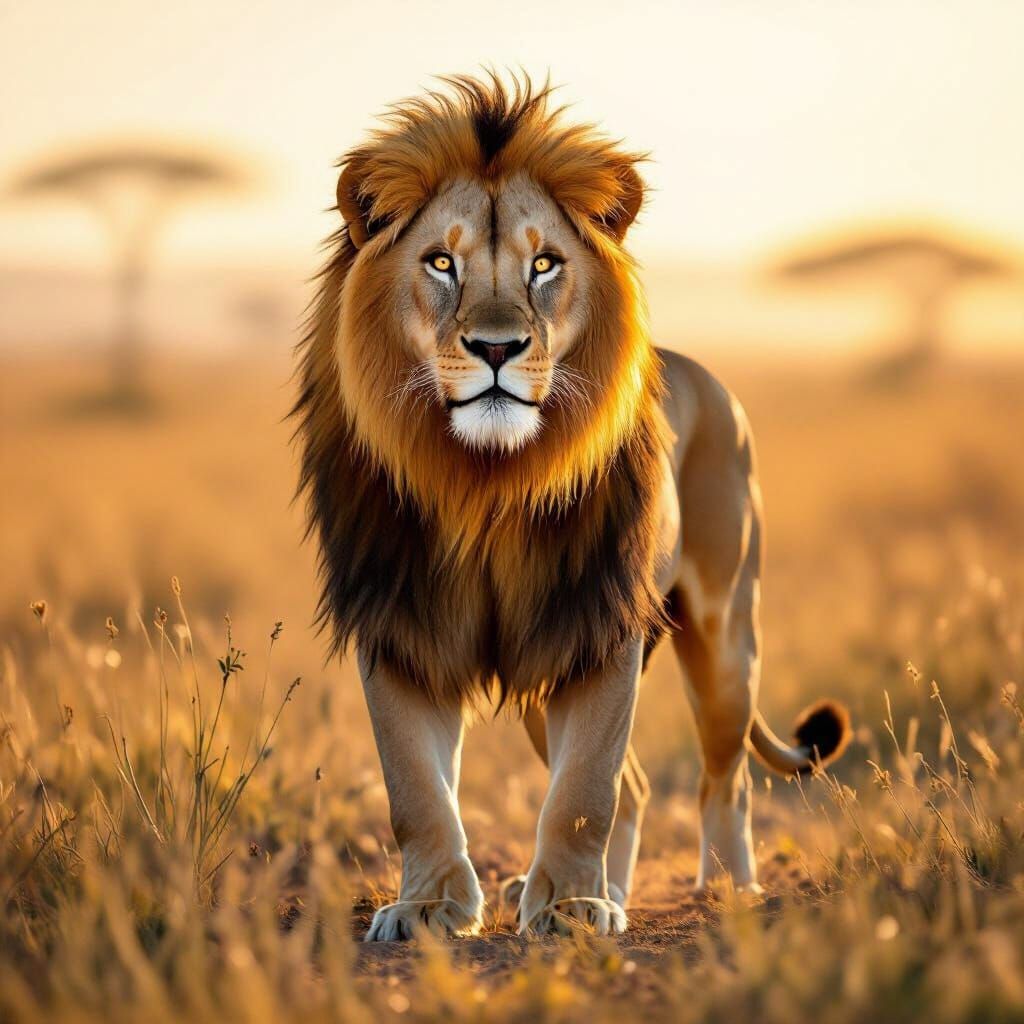 Majestic Lion on Savanna in Golden Hour Light