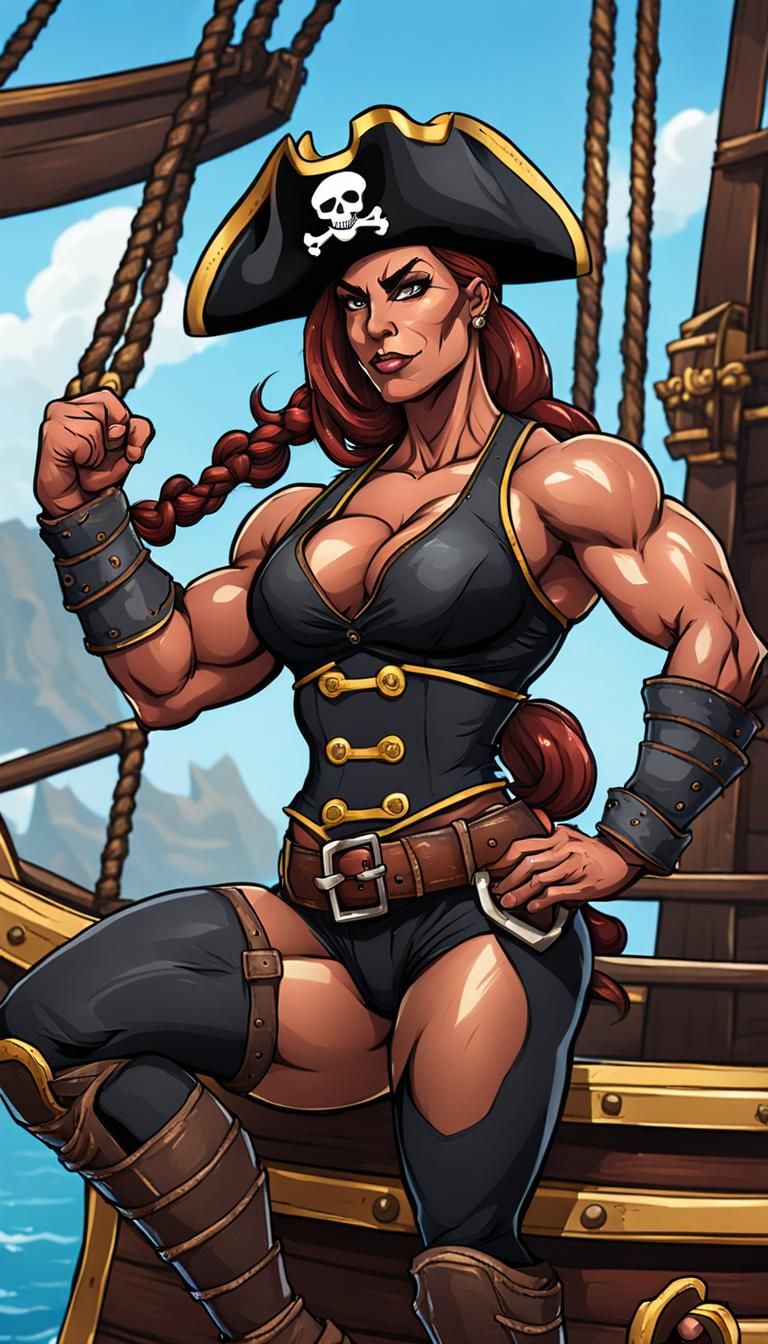 Muscular Female Bodybuilder Pirate on Ship