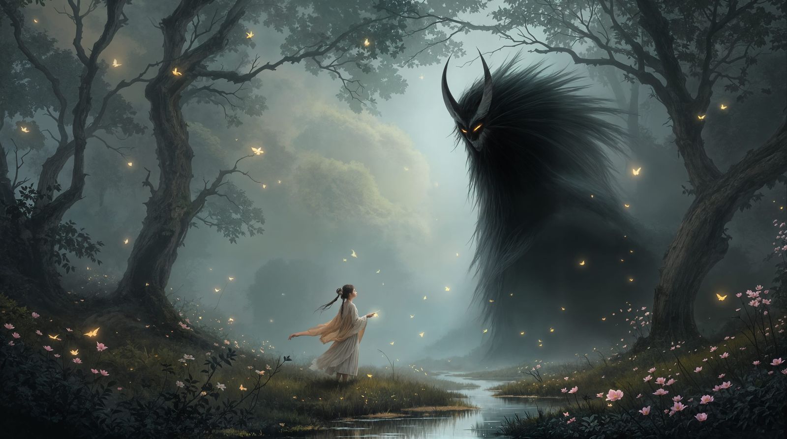 Mystical Encounter in a Misty Forest