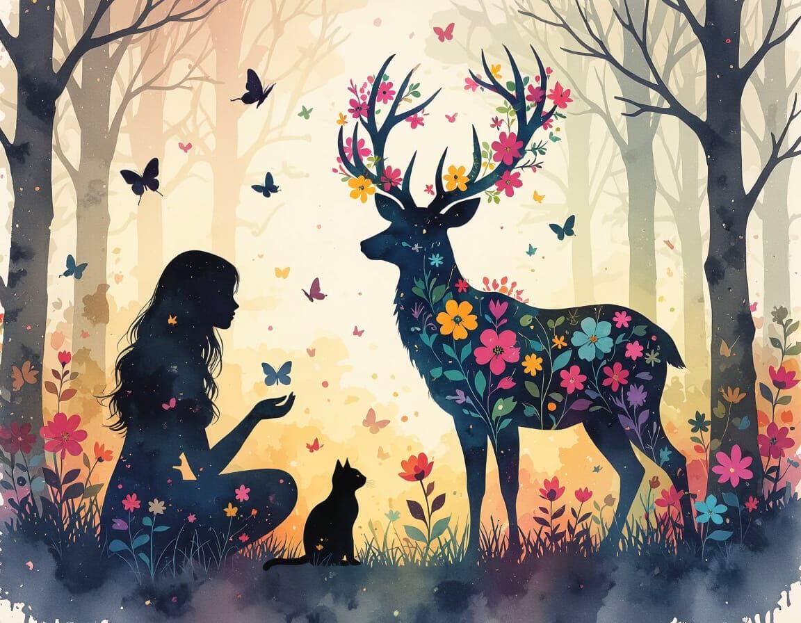Woman, Cat, Deer Silhouette in Spring Forest Watercolor